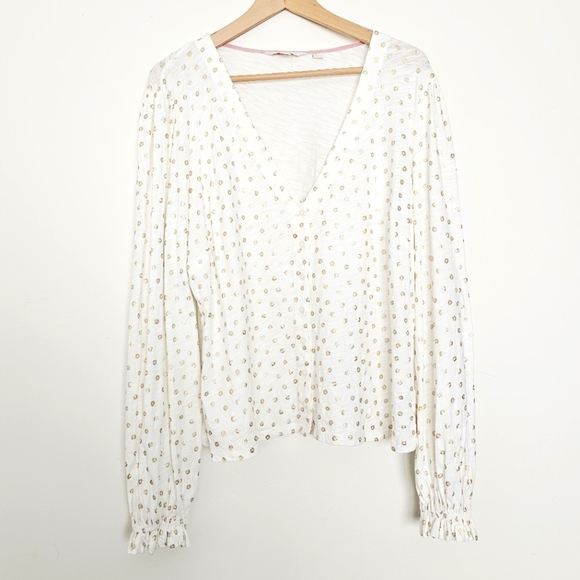 Boden Metallic Gold Flower Print V-Neck Long Sleeves Women's Blouse Size 16/18 - Picture 2 of 8